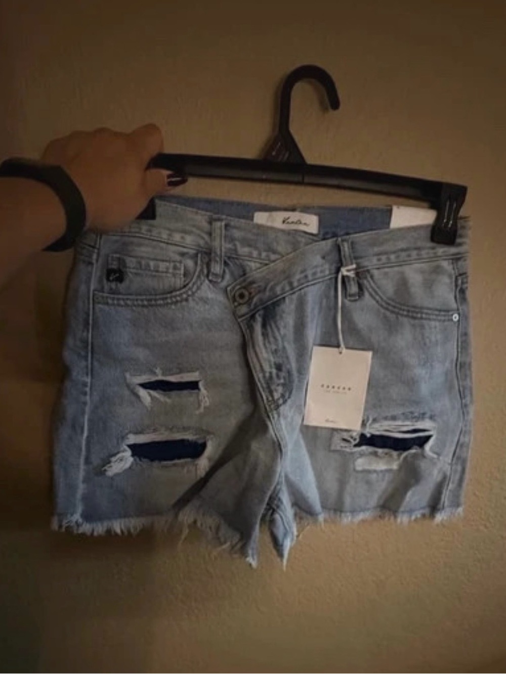 KanCan Light Blue Distressed Denim Shorts with Navy Underlayer